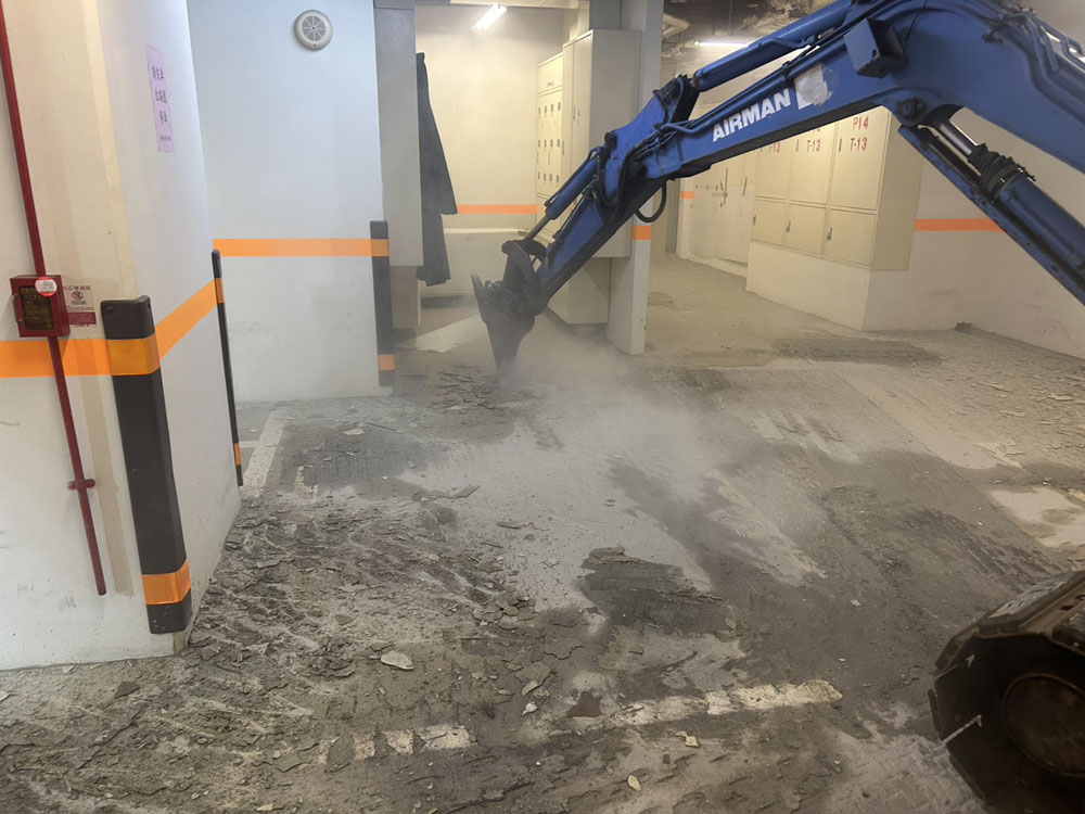 蘆洲社區地下室Epoxy刨除/瀝青鋪設/熱拌標線/車輪擋/減速墊安裝/機車格鐵板安裝
